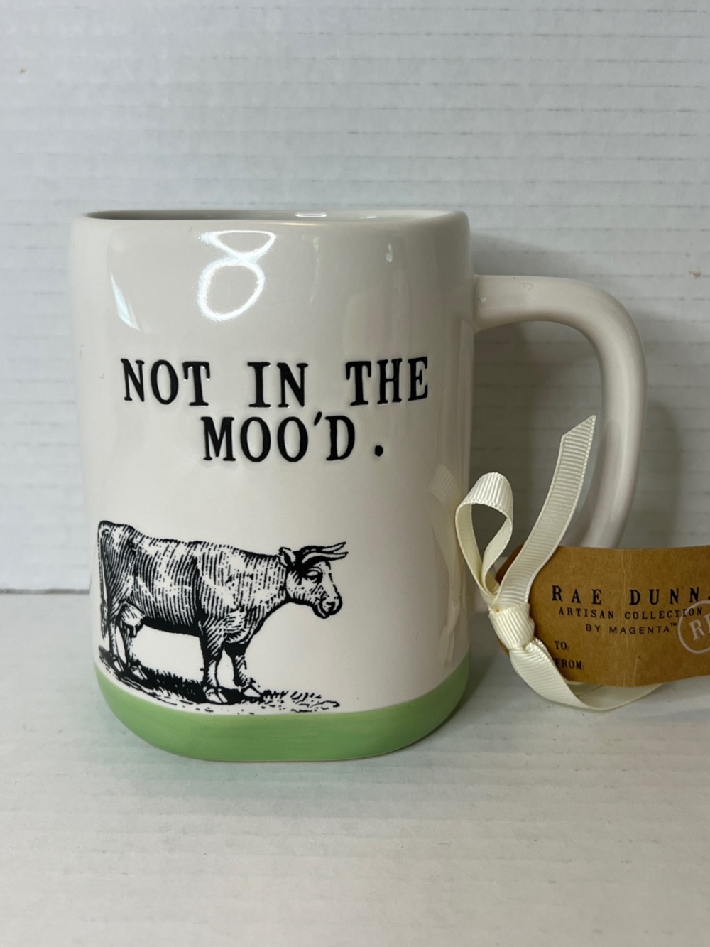 Rae Dunn Cow Not In The Moo'd White Green Ceramic Mug New